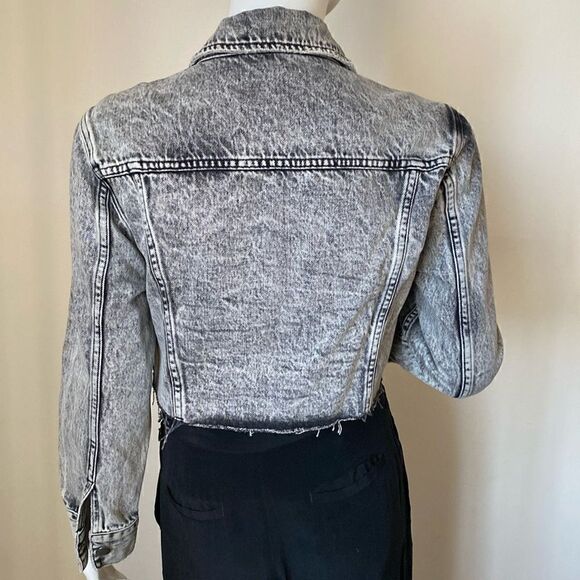 Frame Denim Black & Grey Acid Wash Cropped Jean Jacket w Raw Frayed Hem - Picture 2 of 7